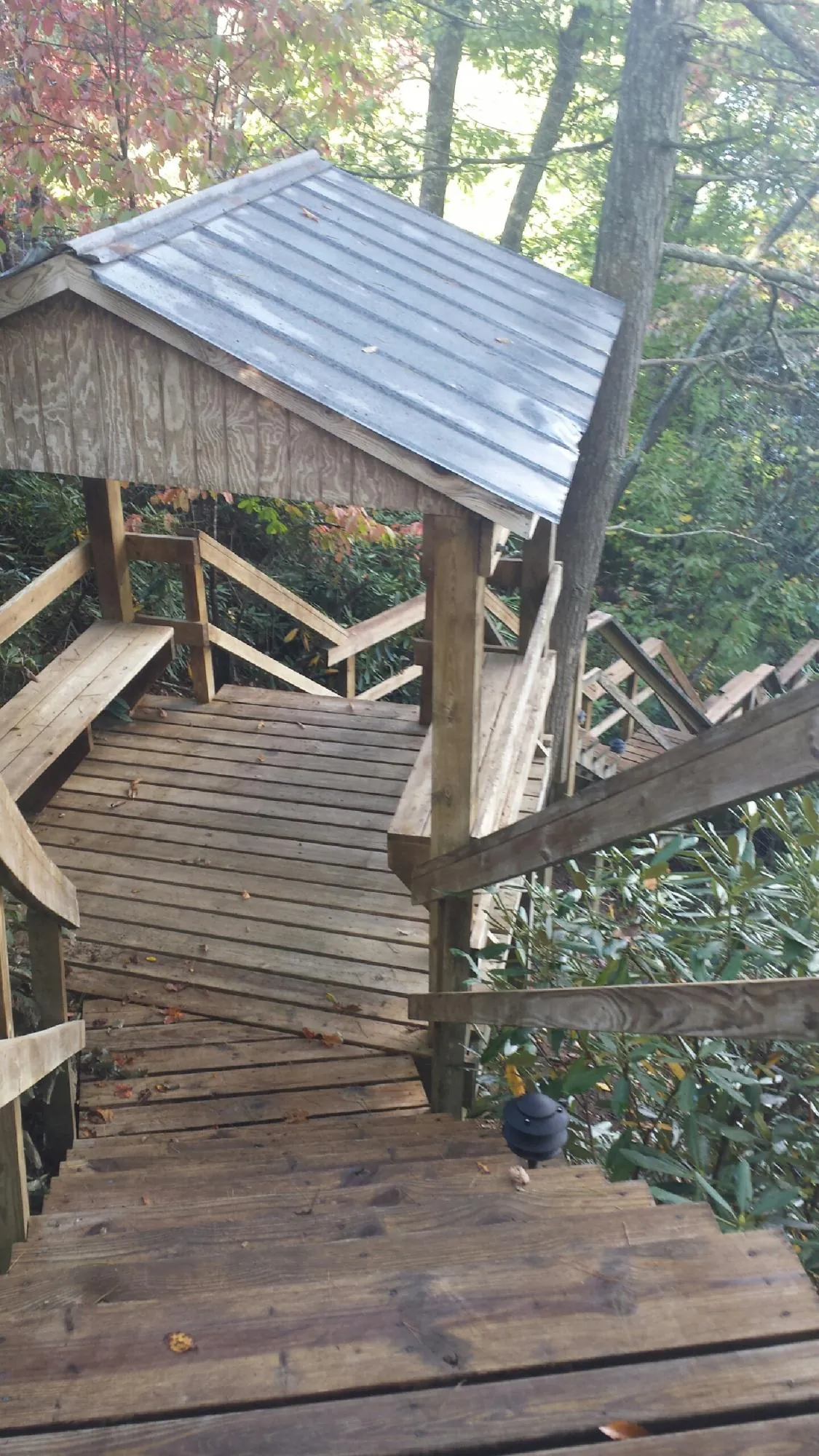 Metal roofed shelter over wooden steps on a wooded walkway — Skylight Repair & Installation work by our crew in Mount Ephraim